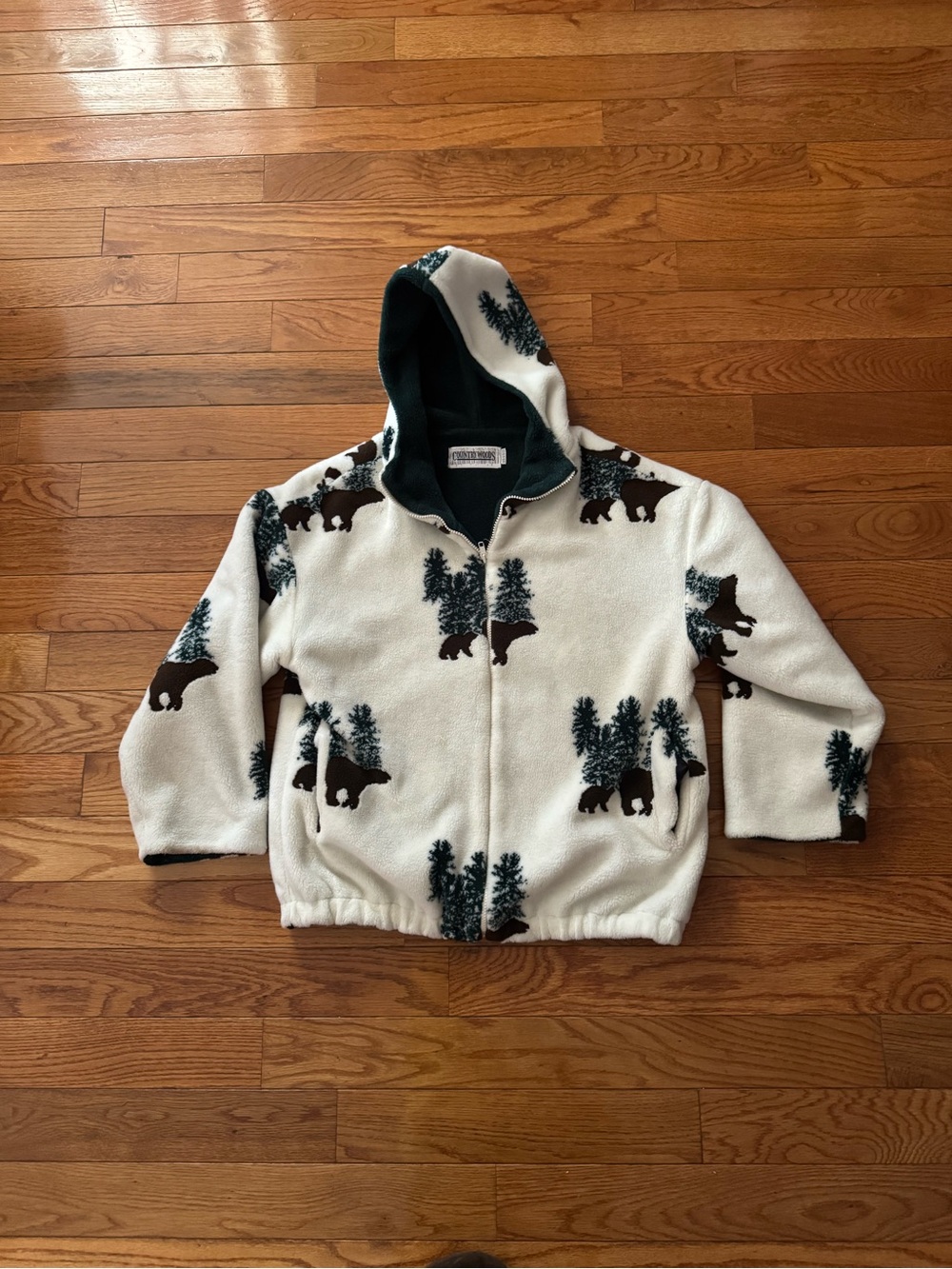 VIntage COUNTRY WOODS BEAR Cub SHERPA FLEECE Hooded Full Zip JACKET Coat Large